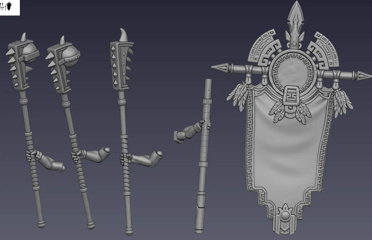 Ceremonial banner and long weapon components designed for the Lizard Women Temple Guards.