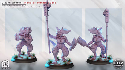 Front views of Lizard Women Temple Guards carrying varied weapons and ceremonial battlefield