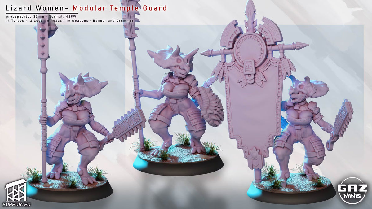 Front views of Lizard Women Temple Guards carrying varied weapons and ceremonial battlefield equipment.