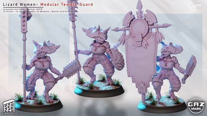 Front views of Lizard Women Temple Guards carrying varied weapons and ceremonial battlefield equipment.