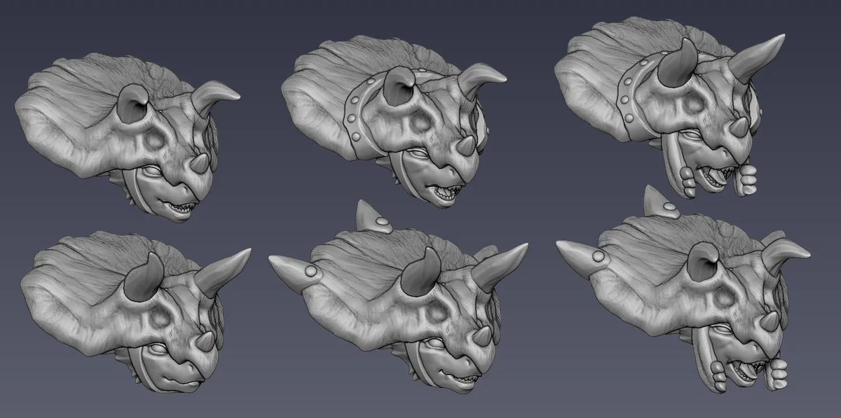 Six reptilian head designs for the Lizard Women Temple Guard miniatures.