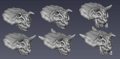 Six reptilian head designs for the Lizard Women Temple Guard miniatures.