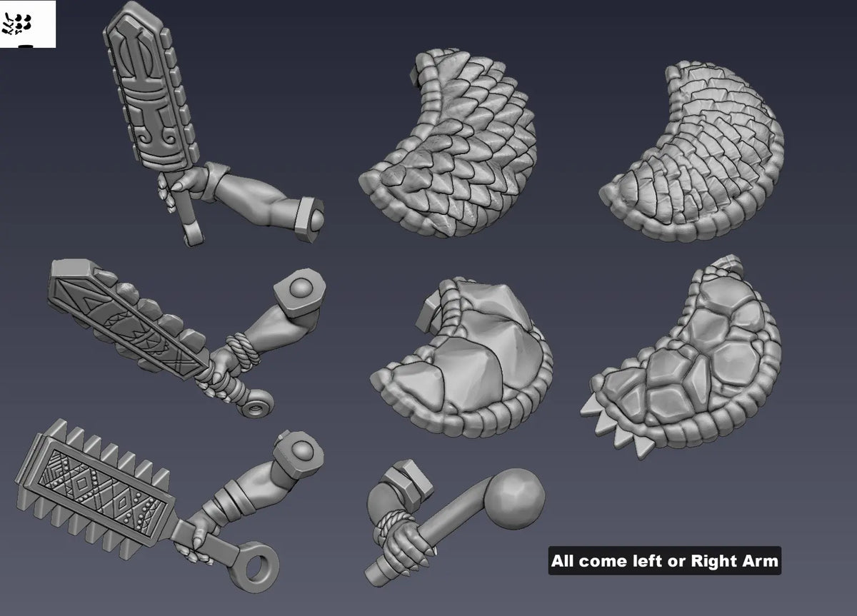 Weapon and equipment options for Lizard Women Temple Guards including shields, clubs, and drum components.