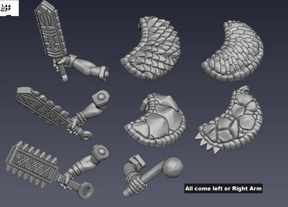 Weapon and equipment options for Lizard Women Temple Guards including shields, clubs, and drum components.