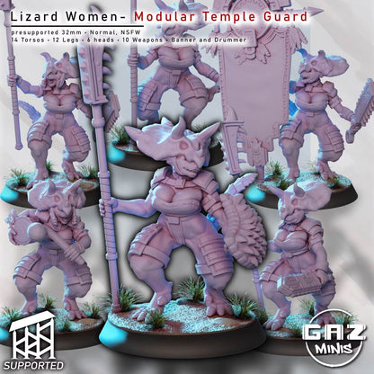 Six Lizard Women Temple Guards posed together with varied weapons, shields, banner, and drum.
Focal Point: Center the six-character group and preserve all six guards for easy Guard 1–6 selection.