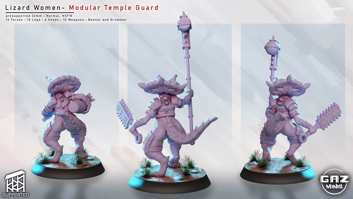 Rear views of Lizard Women Temple Guards showing scaled tails, armor, shields, weapons, and intricate details.