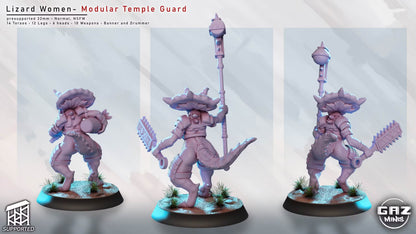 Rear views of Lizard Women Temple Guards showing scaled tails, armor, shields, weapons, and intricate details.