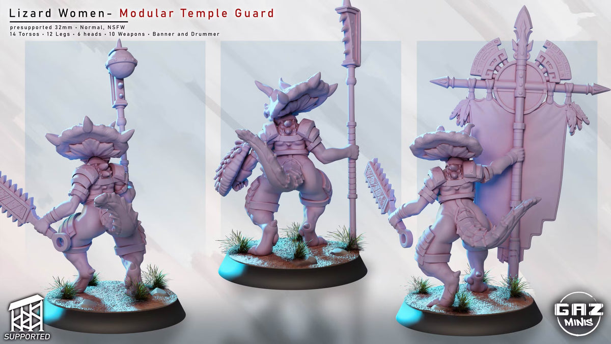Rear views of Lizard Women Temple Guards showing scaled tails, armor, shields, weapons, and banner details.