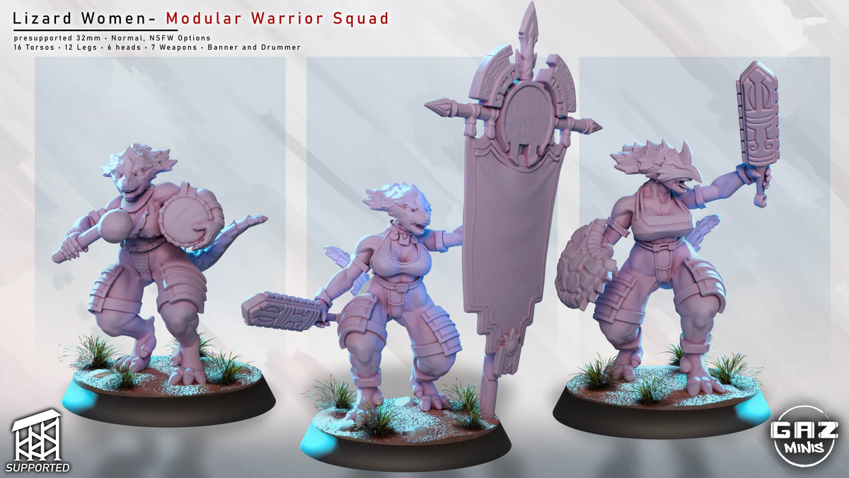 Three Lizardfolk fighters including a round-shield warrior, tall battle banner bearer, and shield-equipped warrior with raised weapon.