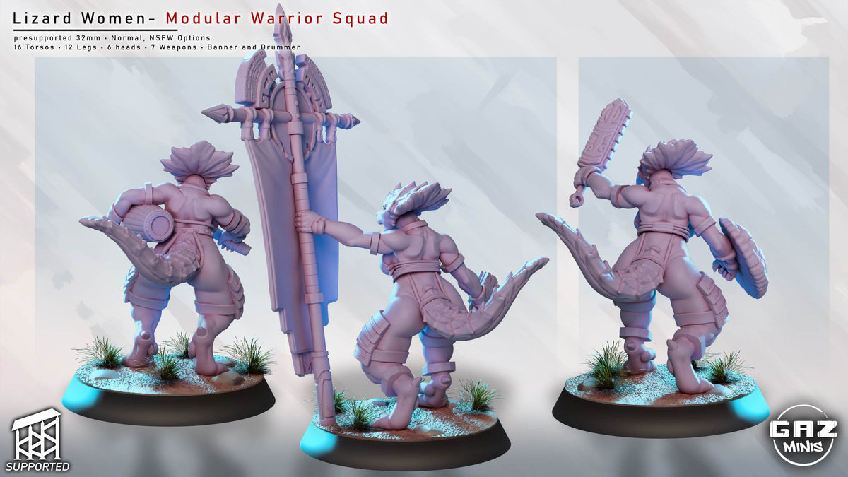 Rear view of three modular Lizardfolk warriors featuring reptilian tails, shields, hand weapons, and a large vertical battle banner.