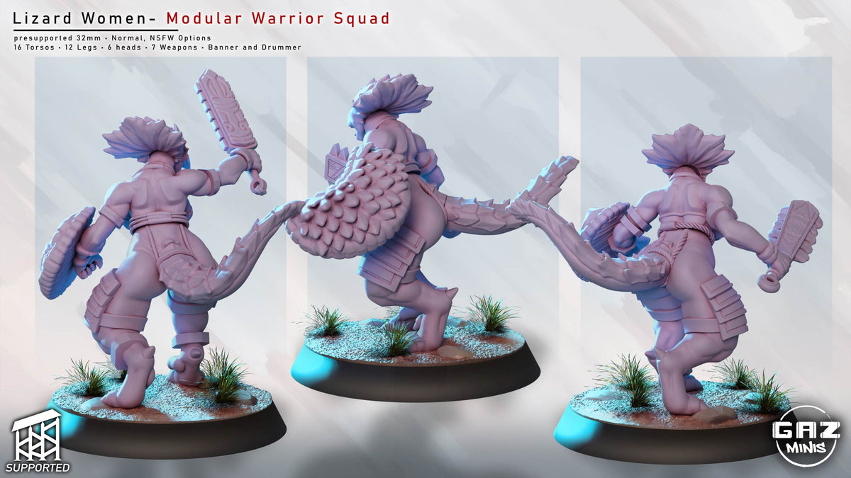 Rear view of three Lizardfolk warrior miniatures showing long reptilian tails, shields, armor details, and hand weapons.