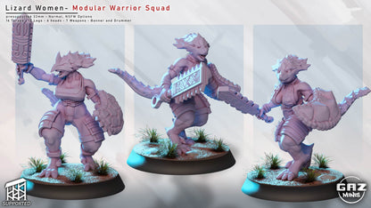 Three female Lizardfolk fighter miniatures shown from the front with shields, hand weapons, and a drum on scenic display bases.