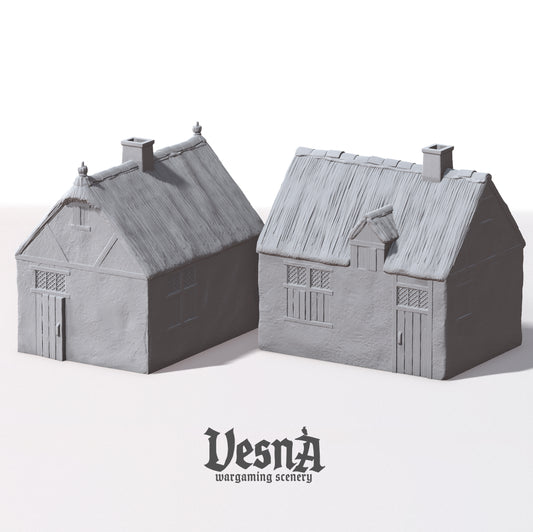Render preview of two Low Countries Medium Houses wargaming terrain buildings by Vesna Sculpts.