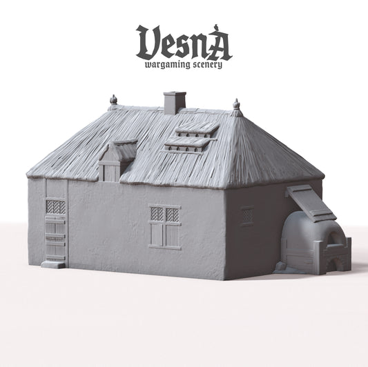 Render preview of the Low Countries Tavern terrain building with attached outdoor oven by Vesna Sculpts.