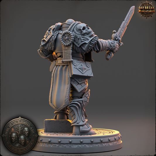 Lucen Krael Crusader of the Blighted Ash resin miniature by Daybreak Miniatures – armored paladin with sword and scripture armor