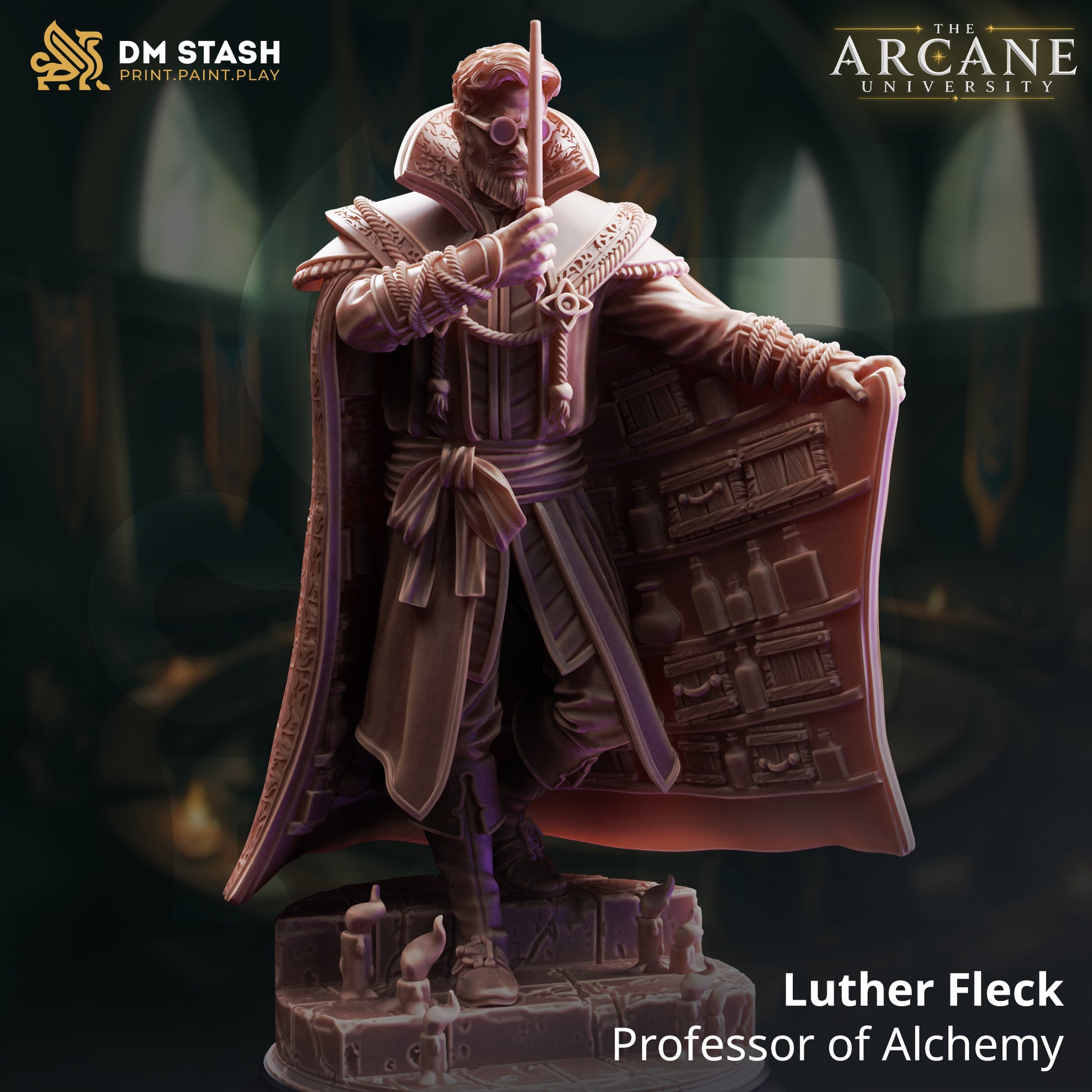 A 3D-rendered fantasy male human alchemist resin miniature named Luther Fleck by DM Stash. The wizard opens his cloak to reveal shelves of potion bottles.