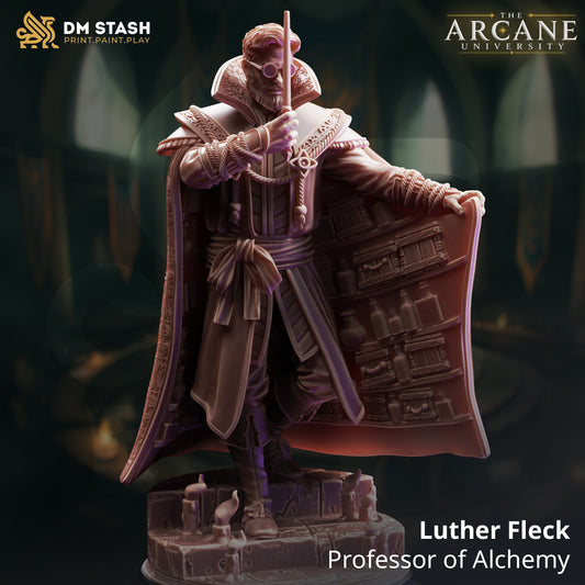 A 3D-rendered fantasy male human alchemist resin miniature named Luther Fleck by DM Stash. The wizard opens his cloak to reveal shelves of potion bottles.