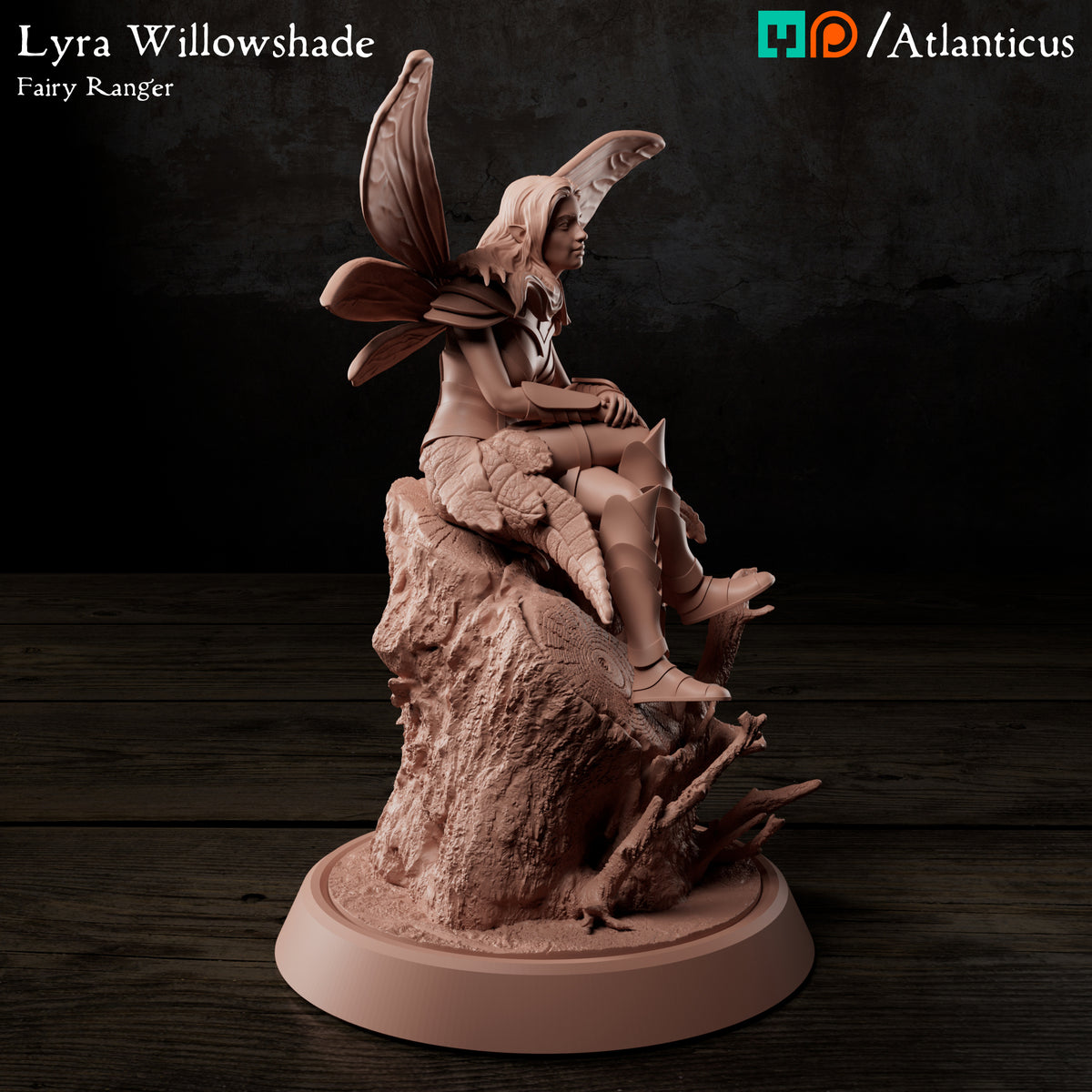 Side view render of Lyra Willowshade fairy ranger showing her profile and seated posture on the forest stump.
