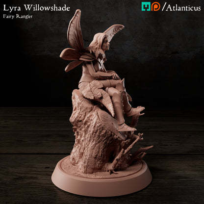 Side view render of Lyra Willowshade fairy ranger showing her profile and seated posture on the forest stump.