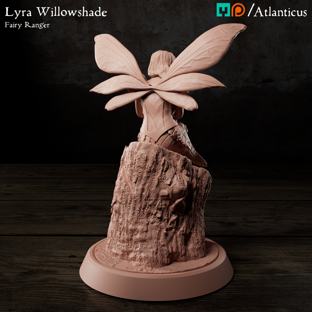 Rear view render of Lyra Willowshade showing the detailed wing attachment and bark texture of the stump base.