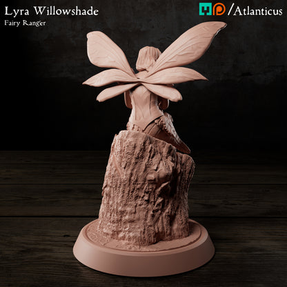 Rear view render of Lyra Willowshade showing the detailed wing attachment and bark texture of the stump base.
