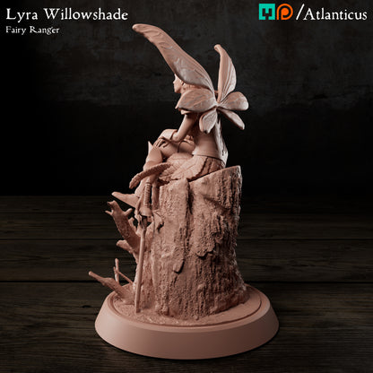 Side angle render of Lyra Willowshade highlighting her sword resting against the tree roots.