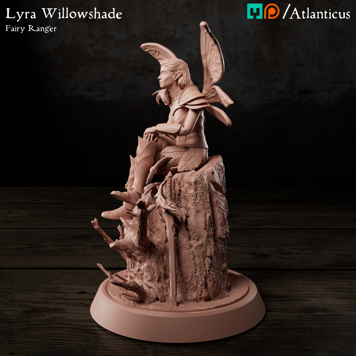 Front side angle render of Lyra Willowshade showing her detailed leaf sword hilt and boots.
