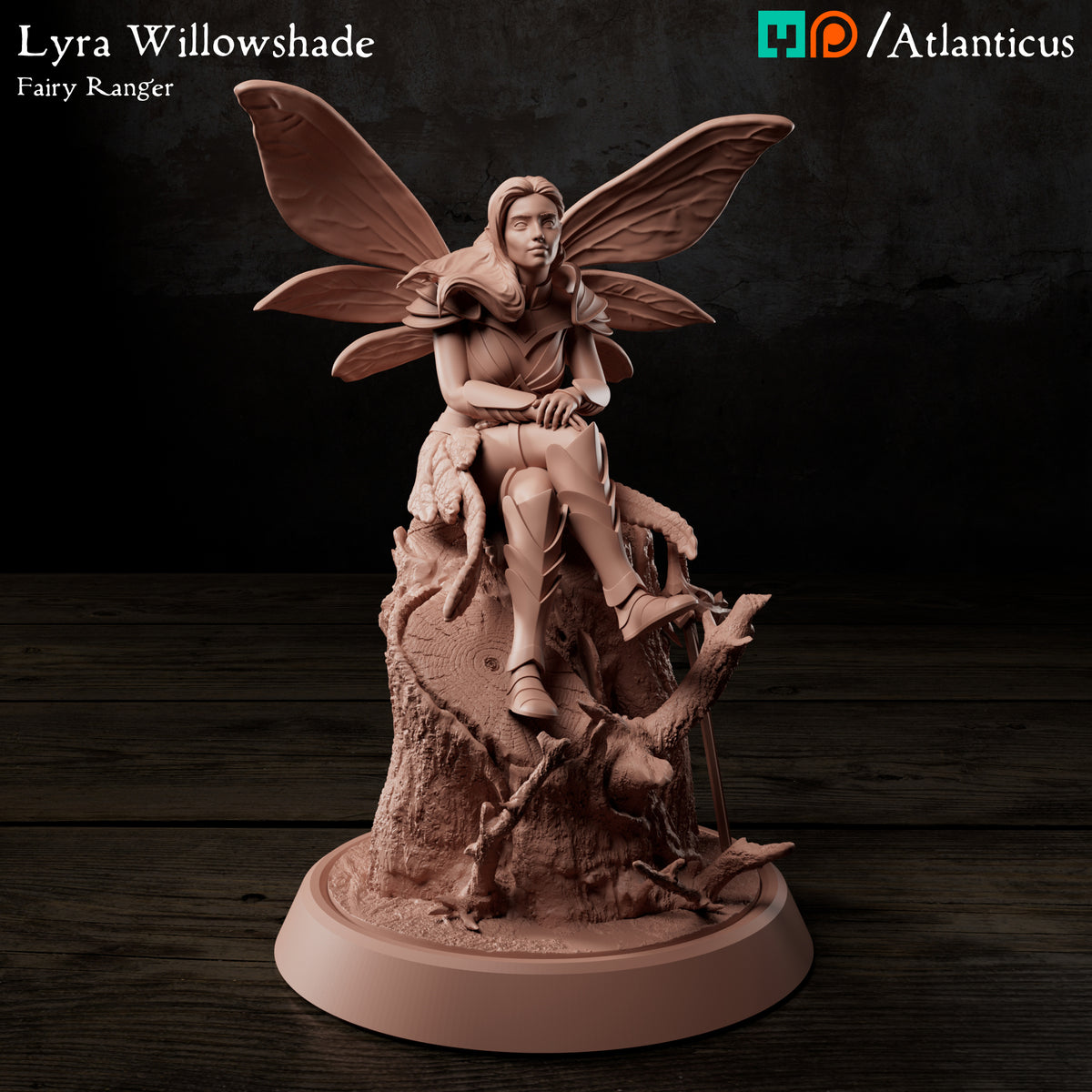 Front view render of Lyra Willowshade female fairy ranger sitting on a tree stump with wings spread by Atlanticus Arts.