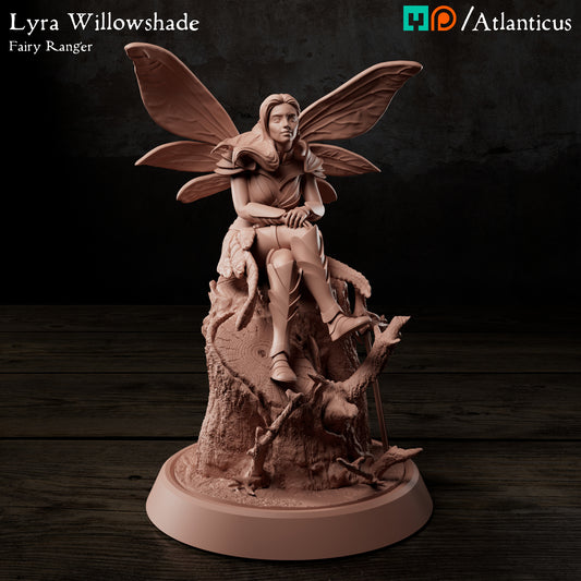 Front view render of Lyra Willowshade female fairy ranger sitting on a tree stump with wings spread by Atlanticus Arts.