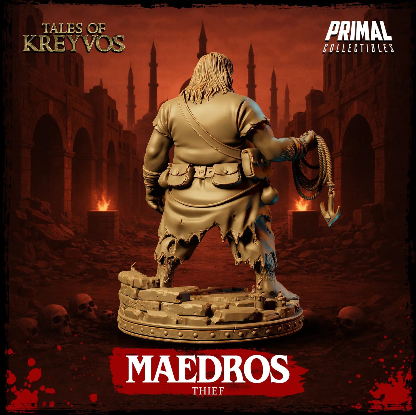 ack view of Maedros the Thief miniature showing tattered pants, back of his shirt, and rear hair flow.