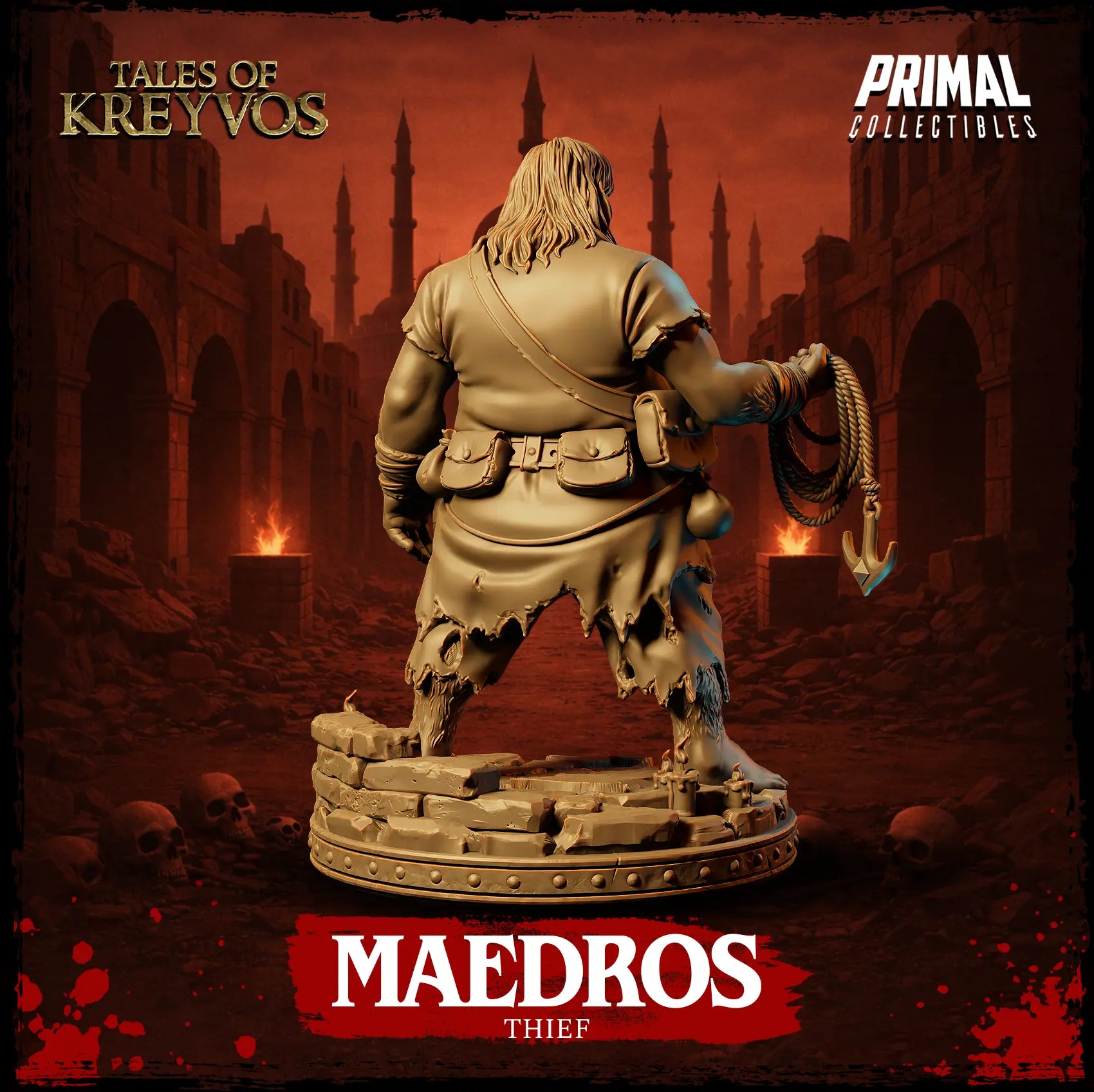 ack view of Maedros the Thief miniature showing tattered pants, back of his shirt, and rear hair flow.