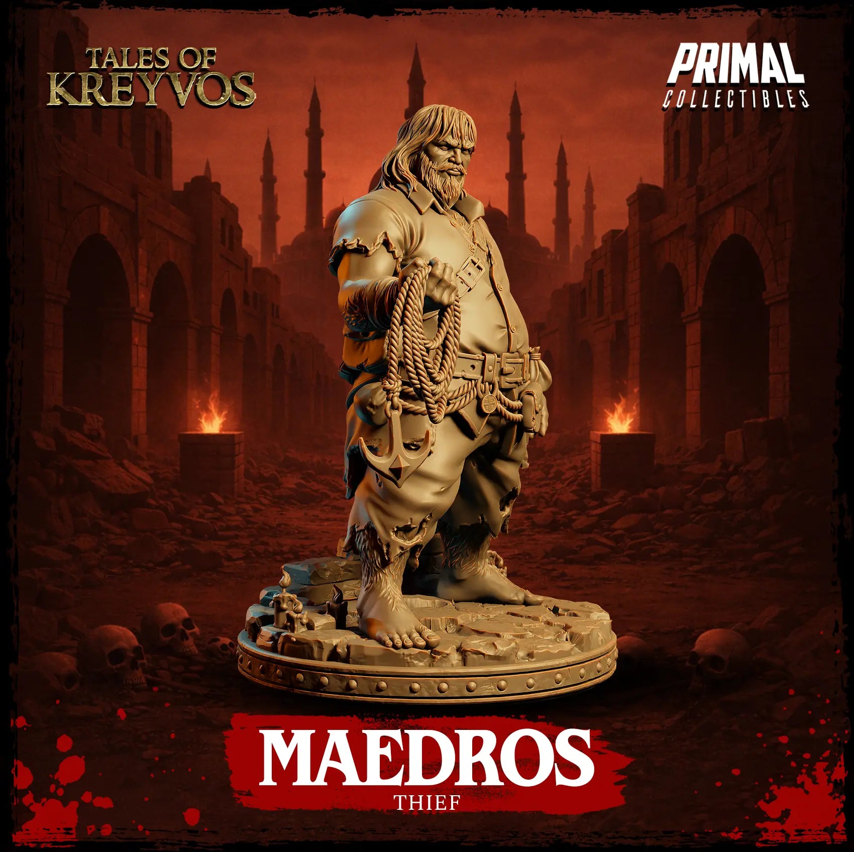 Three-quarter right side view of Maedros the Thief rogue miniature showcasing the grapple hook.