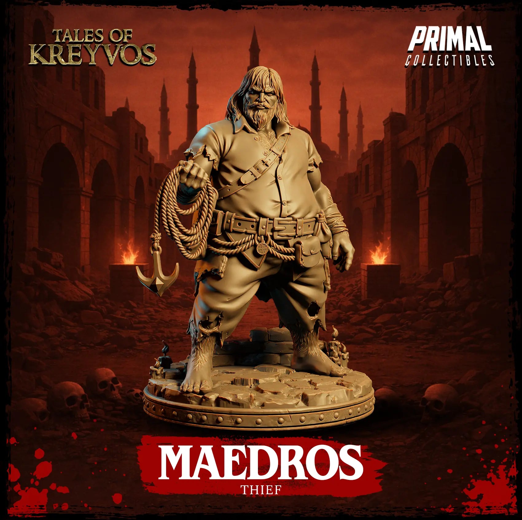 Front view of Maedros the Thief resin miniature holding a rope and grappling hook on a cobblestone base.