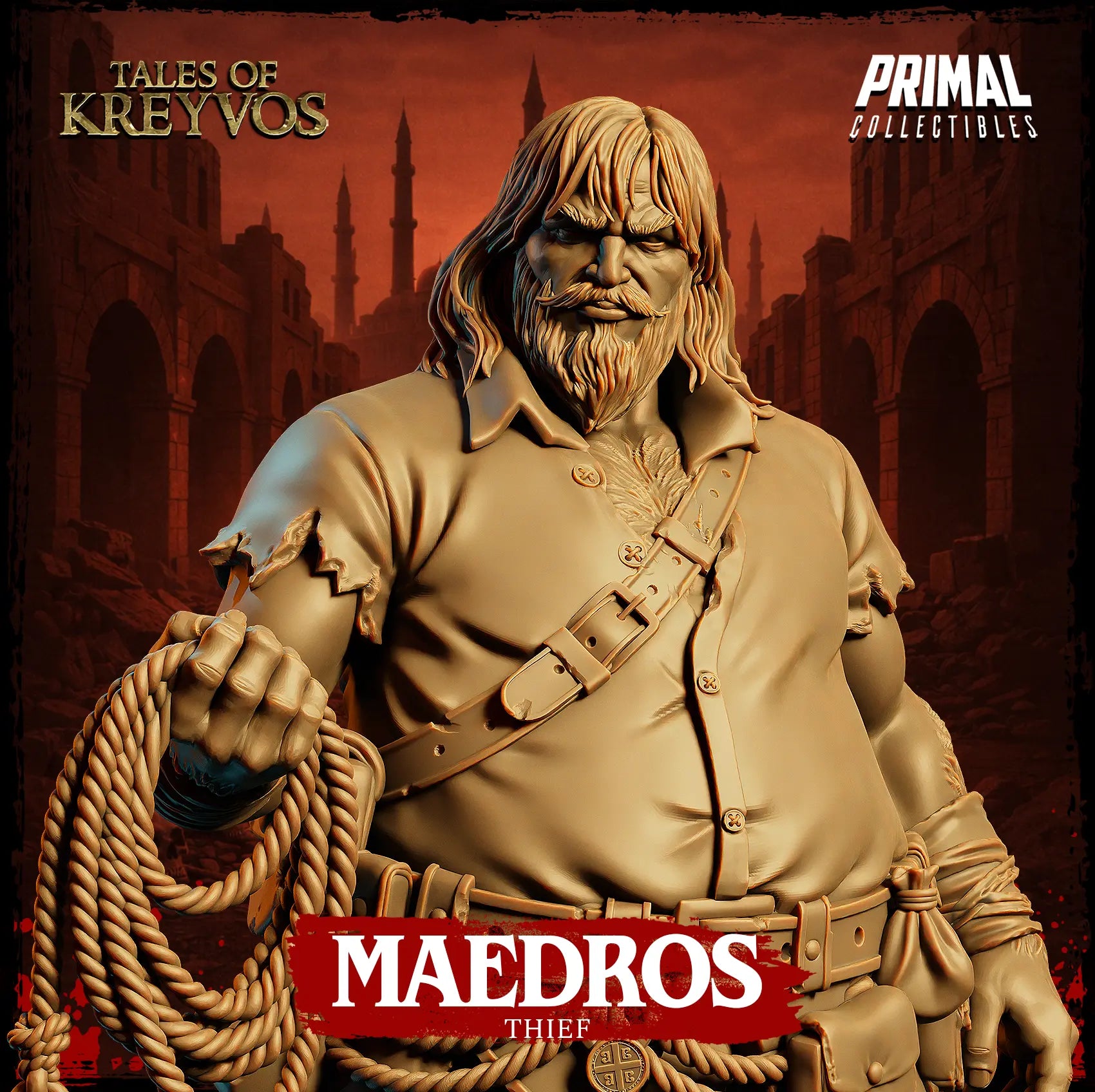 Portrait close-up showing the detailed beard, hair, and face of Maedros the Thief miniature.
