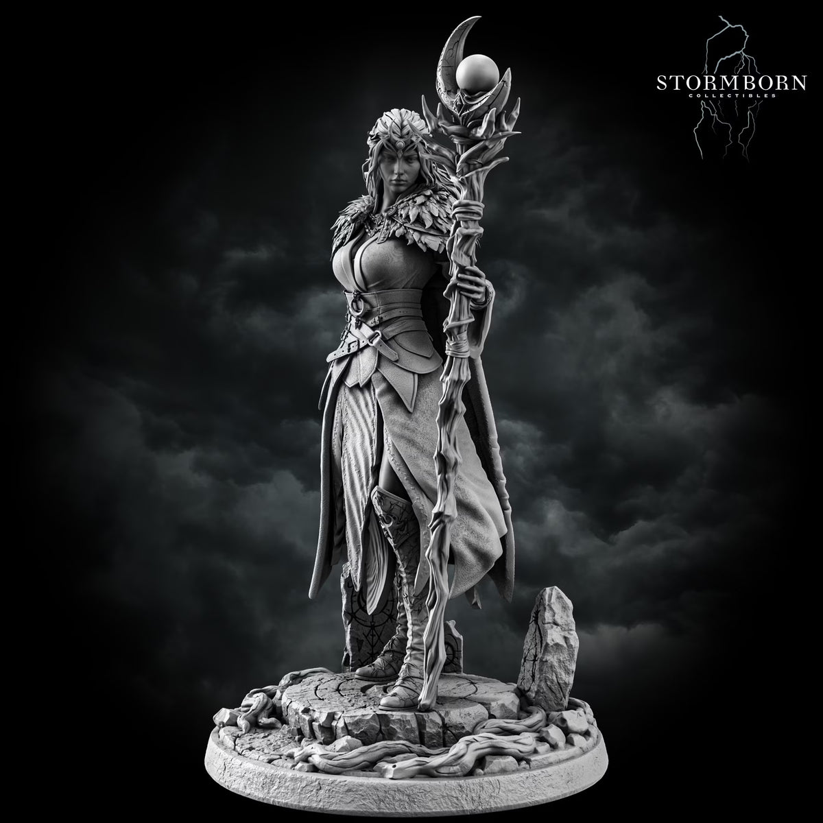 Front three-quarter view of Maelin holding her moon staff with detailed clothing and natural scenic elements around her feet.