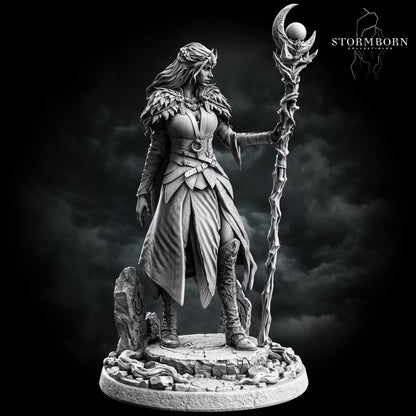 Side view of Maelin the elf druid with long hair, layered clothing, and an ornate crescent-topped wooden staff.