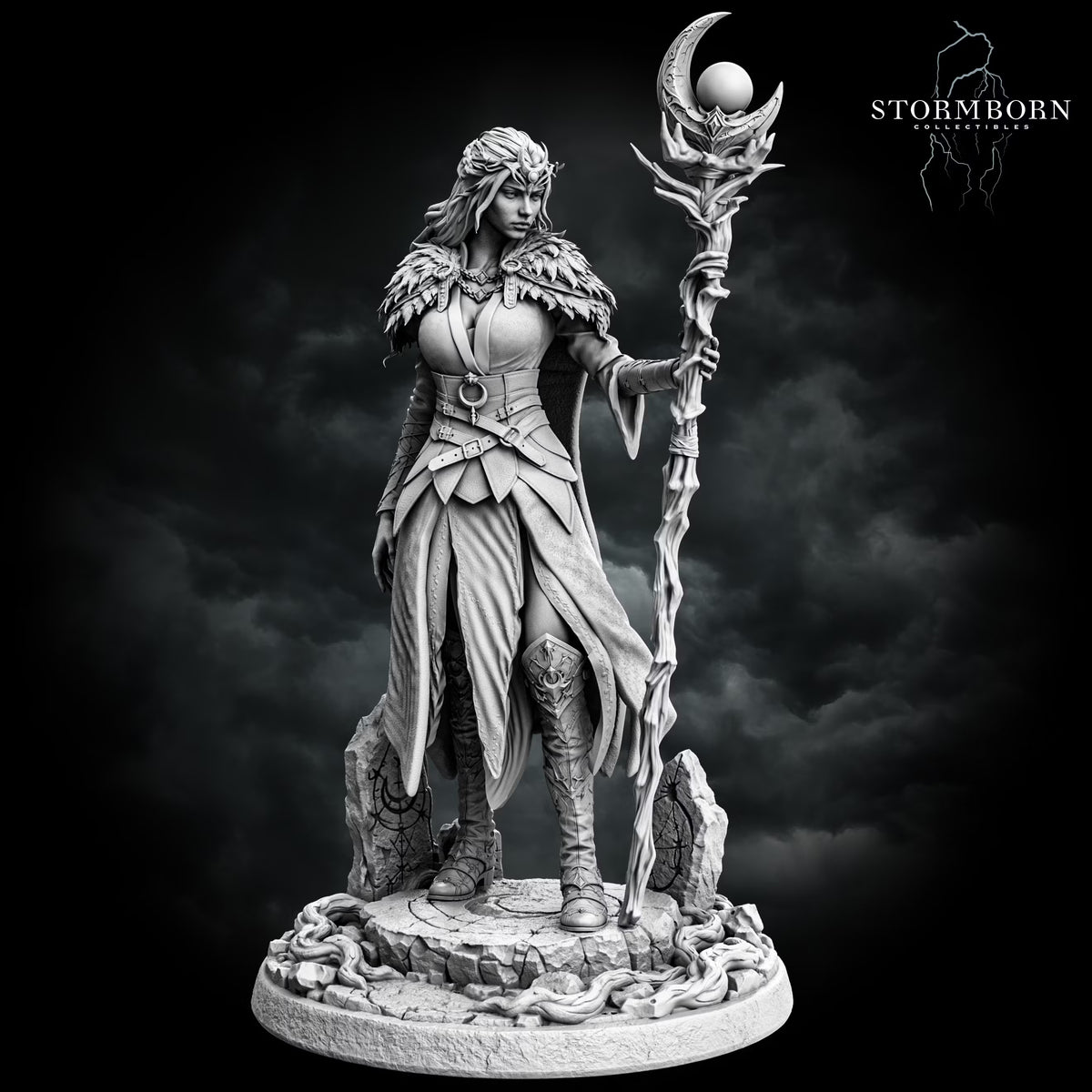 Maelin the elf druid holding a tall crescent moon staff while standing on a detailed woodland-style base.