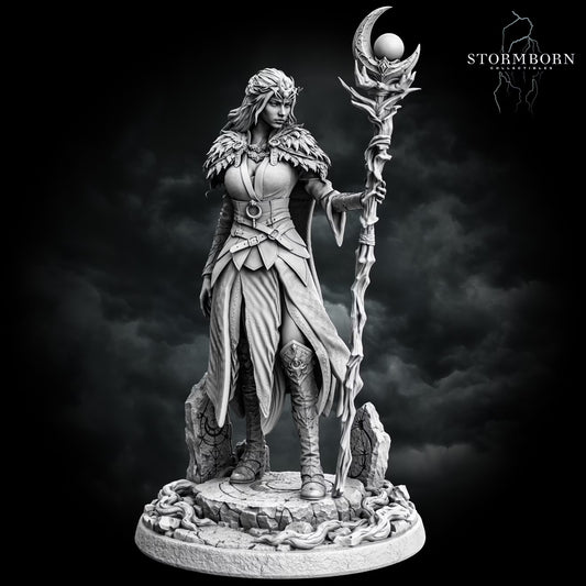 Maelin the elf druid holding a tall crescent moon staff while standing on a detailed woodland-style base.