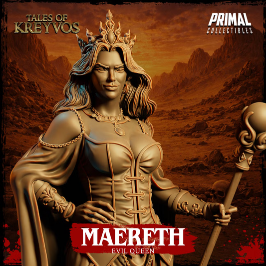 Close-up of Maereth the Evil Queen showing her ornate crown, jewelry, robes, and magical orb-topped staff.