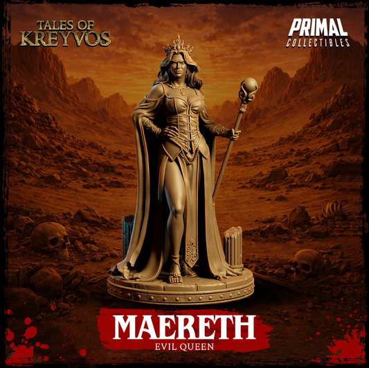 Maereth Human Sorcerer Evil Queen holding an orb-topped staff while wearing a crown, flowing robes, and cape.