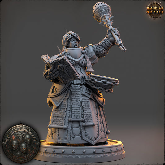 Magistra Calith Morgayne Human Paladin miniature in heavy armor holding a raised magical focus.