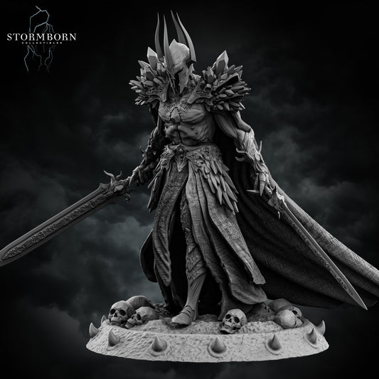 Three-quarter perspective of Malakar showing flowing robes and dual-blades by Stormborn Collectibles.