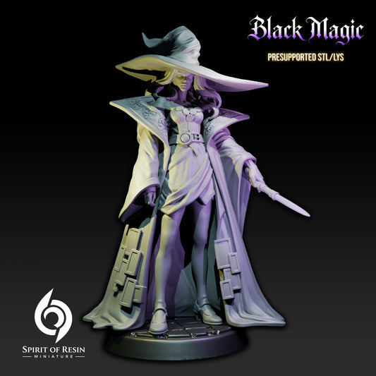 Margareth, High Witch human wizard holding a wand while wearing a wide pointed hat and ornate flowing robes.
