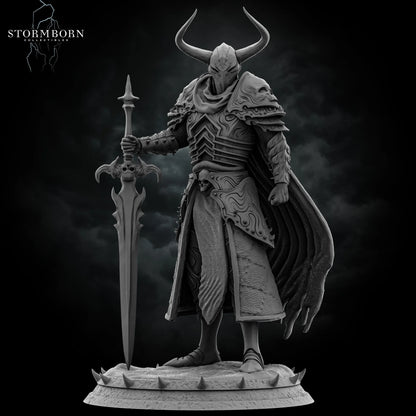 Hero perspective of Marius Death Knight resin miniature resting on a greatsword by Stormborn Collectibles.