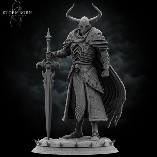 Hero perspective of Marius Death Knight resin miniature resting on a greatsword by Stormborn Collectibles.