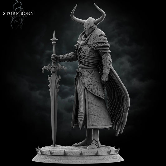 Side profile of the Marius Death Knight miniature showing the flowing cape and spiked base by Stormborn Collectibles.