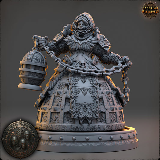 Marwen Solace Human Paladin miniature in heavy armor carrying a chained flail-style weapon.