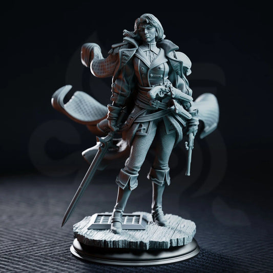 Front view of Mary-Belle Curtis with sword, flintlock firearm, holsters, military clothing, and flowing coat.