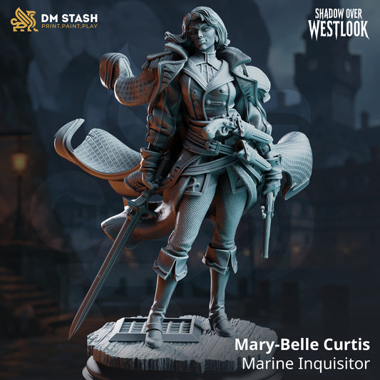 Mary-Belle Curtis Marine Inquisitor holding a long sword and flintlock while wearing a flowing naval-style coat.