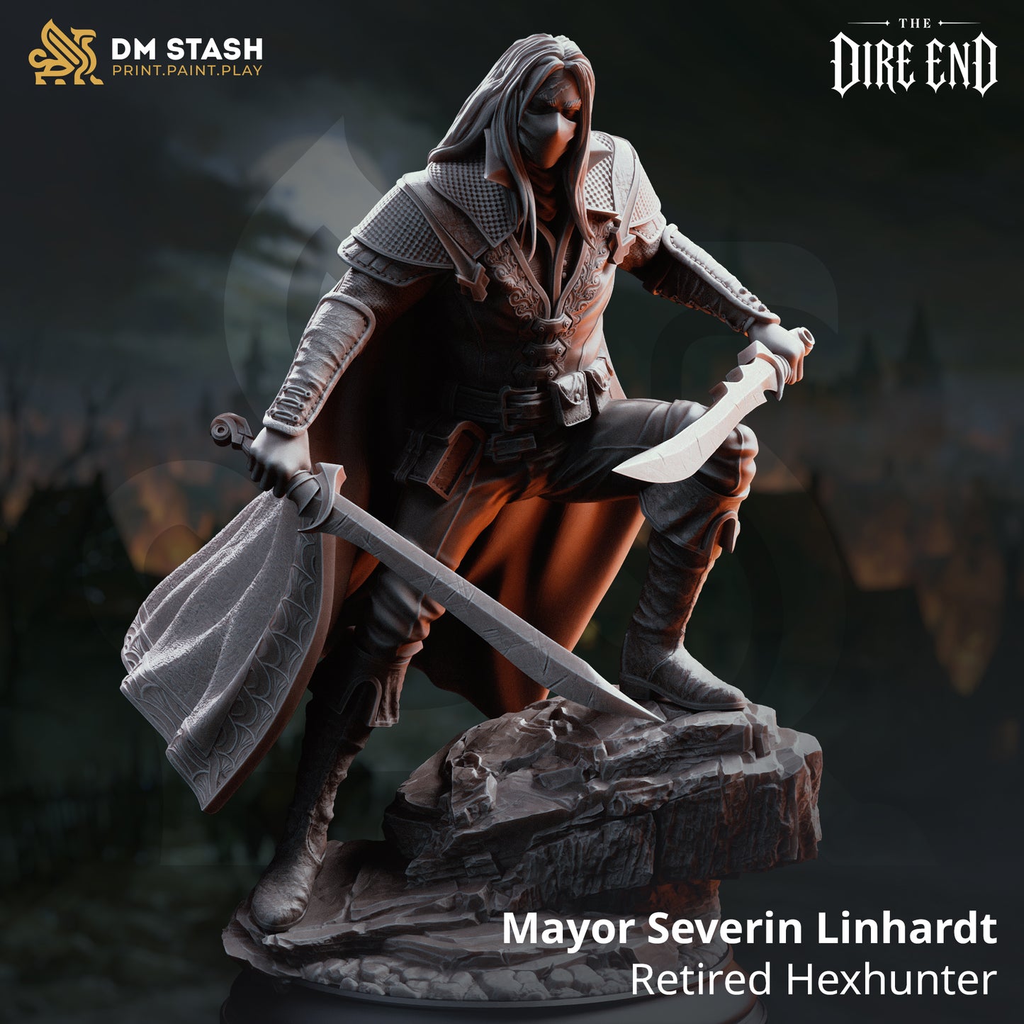 A 3D-rendered dark fantasy resin miniature of a stealthy male hunter named "Mayor Severin Linhardt." He is masked, has long straight hair, and wears a detailed cloak while standing dynamically on a high rocky cliff ledge. He holds two unique curved swords down at his sides. The text reads "DM Stash," "The Dire End," and "Mayor Severin Linhardt: Retired Hexhunter."